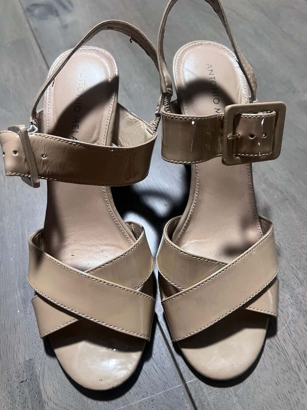 Antonio Melani Women's Criss Cross Block Heel Sandals Size 7M Nude Patent